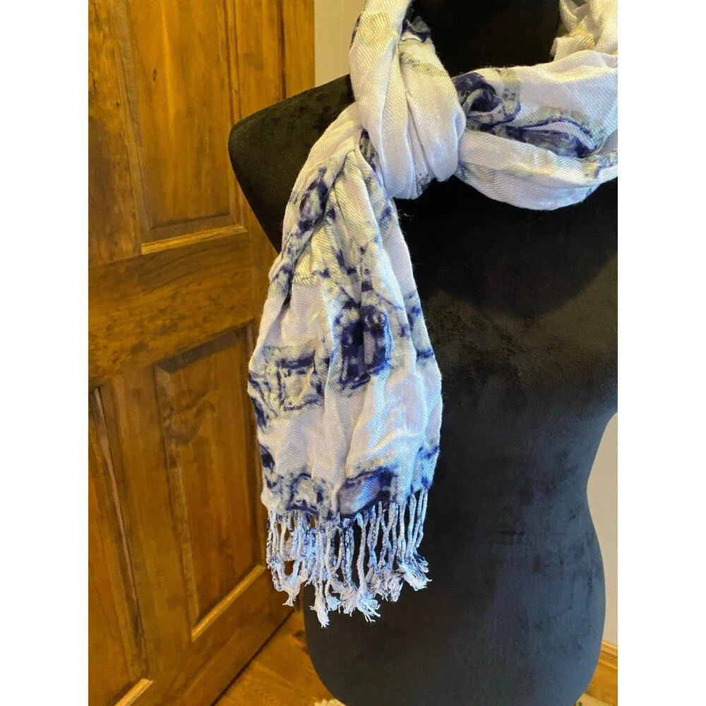 White Scarf with Blue & Navy Design w/ Fringed‎ Ends